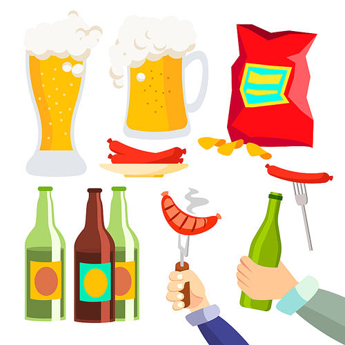 Beer Party Vector. Alcohol Drink Icon Symbol. Stylized Glass, Chips, Sausages. Isolated Cartoon Illustration