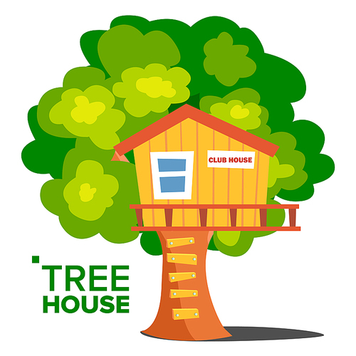 Tree House Vector. Children Playground. House On Tree. Wooden Cabin For Kids. Isolated Cartoon Illustration
