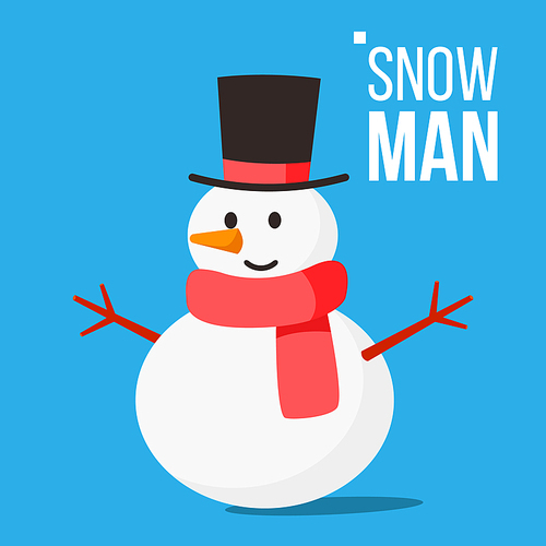Snow Man Vector. Winter Fun Activity. Classic Christmas Snowman With Piligrim Hat Isolated Cartoon Illustration
