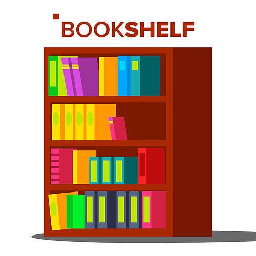 Bookshelf Vector. Home Library Or Book Store. Bookcase Full Of Different Color Books. Isolated Cartoon Illustration