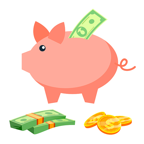 Piggy Bank Vector. Coins, Bills. Deposit Icon, Save Money. Business Investing Sign. Isolated Cartoon Illustration
