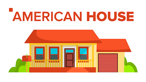 American House Building Vector. modern Urban City Villa With Terrace And Garage. Exterior Classic Townhouse. Isolated Cartoon Illustration