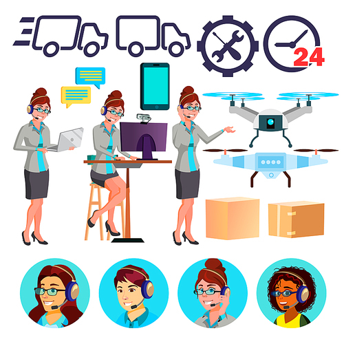 Delivery Service Icons Vector. Drone, Cardboard Boxes, Online Support. Consultant. Isolated Cartoon Illustration