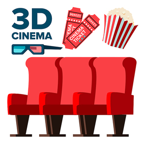 3D Cinema Icons Vector. Popcorn, Red Seats, Tickets, Stereo Glasses. Isolated Flat Cartoon Illustration