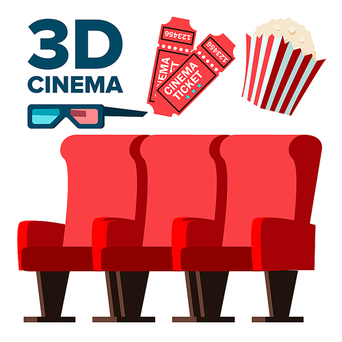 3D Cinema Icons Vector. Popcorn, Red Seats, Tickets, Stereo Glasses. Isolated Flat Cartoon Illustration
