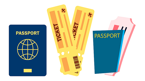 Passport And Airplane Tickets Vector. Summer Travel Vacation Concept. Isolated Cartoon Illustration