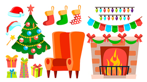 Christmas Decoration Icons Vector. Fireplace, Sock, Chair, Christmas Tree, Gifts, Lights Hat Isolated Cartoon Illustration