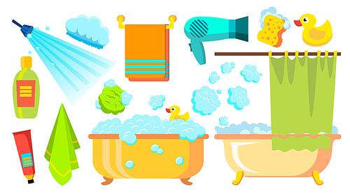 Take A Shower, Bath Icons Vector. Accessories Hairdryer, Shampoo, Towel Foam Isolated Cartoon Illustration