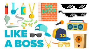 Like A Boss Icons Vector. Rapper, Gangster, Cool Singer. Isolated Cartoon Illustration