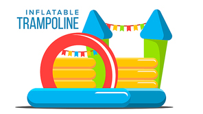 Inflatable Trampoline Vector. Playground Toy. Castle, Tower. Park Isolated Cartoon Illustration
