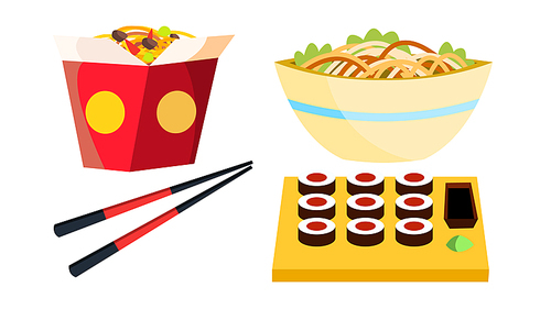 Takeaway Chinese Food Vector. Box Noodles. Chopsticks. Tasty Lunch Menu. Isolated Cartoon Illustration