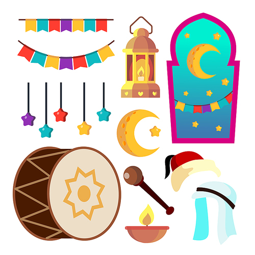 Ramadan Icons Vector. Muslim Islam Symbols. Moon, Star, Lamp Isolated Cartoon Illustration