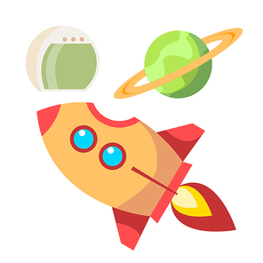 Rocket Space Icons Vector. Spaceship And Planet, Helmet. Universe Concept. Isolated Cartoon Illustration
