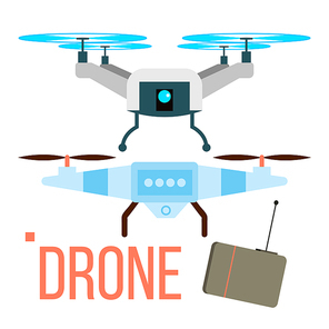 Drone Vector. Remote Aerial Quadcopter. Photo, Video, Delivery Isolated Cartoon Illustration