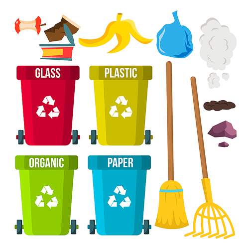Sorting And Cleaning Garbage Vector. Recycle Bins. Separation. Dump. Ecological Problem. Isolated Cartoon Illustration