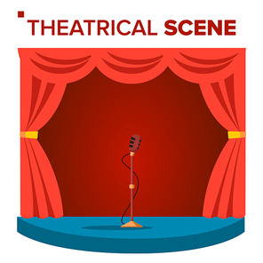 Theatrical Scene Vector. Performane. Stage Podium. Red Velvet Curtains. Event Show. Isolated Cartoon Illustration