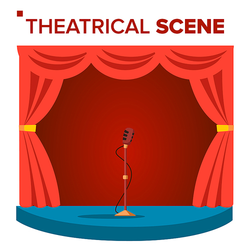Theatrical Scene Vector. Performane. Stage Podium. Red Velvet Curtains. Event Show. Isolated Cartoon Illustration