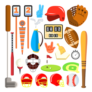 Sport Icons Vector. Baseball, Golf, American Football Isolated Cartoon Illustration