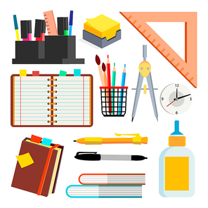 Stationery Icons Vector. Pen, Pencil, Notebook Ruler Isolated Cartoon Illustration