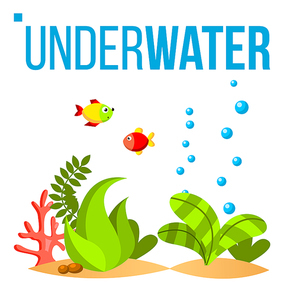 Underwater World Vector. Bottom, Fish, Seaweed Bubbles Isolated Cartoon Illustration