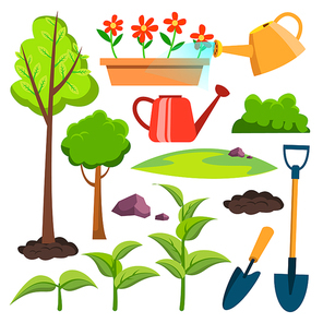 Garden Icons Vector. Watering Can, Shovel, Sapling, Plant, Watering Flowers Isolated Cartoon Illustration