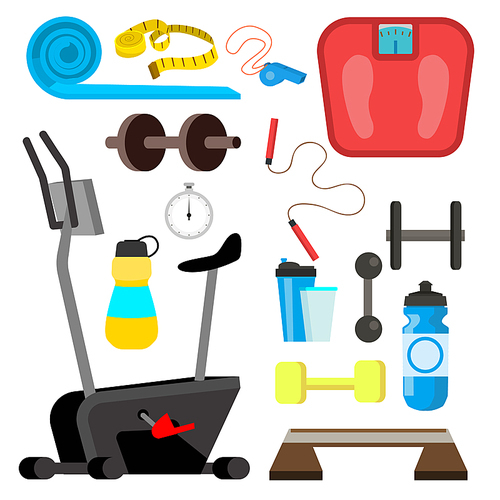 Fitness Icons Vector. Simulator, Scales, Dumbbell, Gym Equipment Accessories Isolated Cartoon Illustration