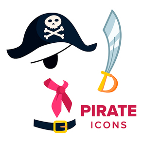 Pirate Icons Vector. Accessories Hat, Sword Isolated Cartoon Illustration