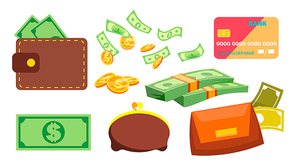 Wallet, Money, Coins Vector. Purse. Bill Online Ofline Payments Isolated Cartoon Illustration