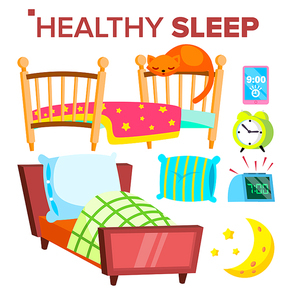 Healthy Sleep Vector. Pillow, Sofa, Alarm Clock, Moon Isolated Flat Illustration