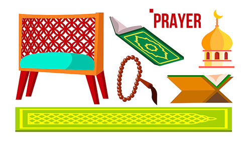 Prayer Muslim Items Vector. Koran, Rosary, Mosque Isolated Flat Illustration
