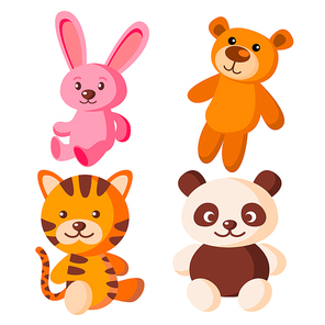 Children Soft Toys Vector. Bear, Tiger, Hare, Panda Flat Cartoon Illustration