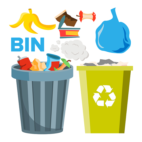 Bin Trash Icons Vector. Classic And Recycling Bins. Flat Cartoon Illustration
