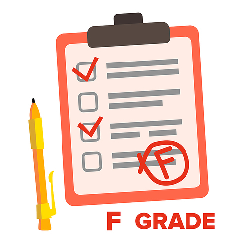 F Grade Vector. Fail Exam Mark Flat Cartoon Illustration