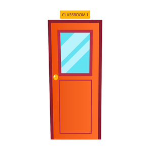 Classroom Door Vector. Classic School Entrance. Wooden With Glass Window. Flat Cartoon Illustration