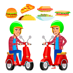 Food Delivery Service Vector. Red Scooter. Man. Pizza. Flat Cartoon Illustration