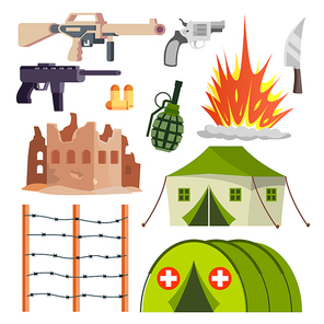 Warfare Military Icons Vector. Hospital, Bomb Explosion, Weapons, Pistol Flat Cartoon Illustration