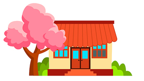 Japanese House And Sakura Vector. Flat Cartoon Illustration
