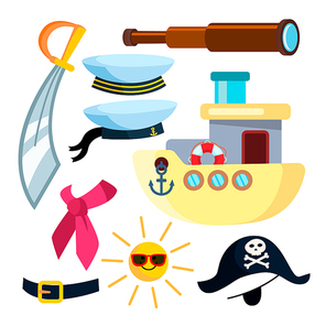 Sailor Icons Pirate Ship Sea Vector. Flat Cartoon Illustration