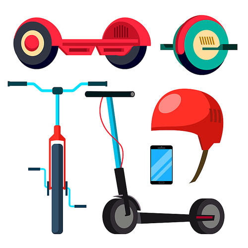 Bicycle, Scooter, Giroskuter, Mono Wheel Vector. Activity City Transport Flat Cartoon Illustration