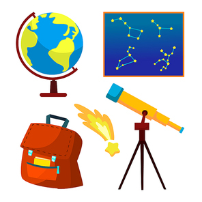 Astronomy Vector. Telescope, Starry Sky, Falling Star, Constellations Universe Isolated Cartoon Illustration