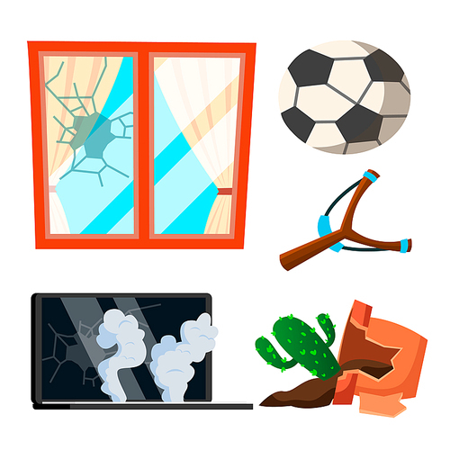 Soccer Broken Window, Pot With Flowers, Notebook Vector. Illustration