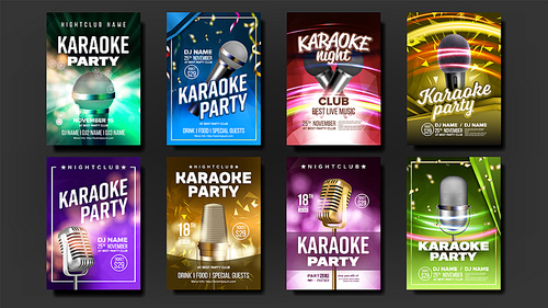 Karaoke Poster Set Vector. Music Night. Sing Song. Dance Event. Vintage Studio. Old Bar. Speaker Label.Entertainment Competition. Musical Record. Broadcast Object. Realistic Illustration