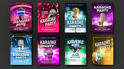 karaoke poster set vector. party flyer. music night. radio microphone. retro concert. club . festival concept. live singer. abstract template. realistic illustration