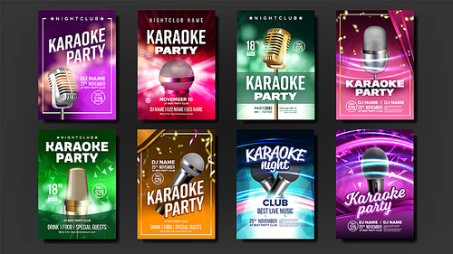 Karaoke Poster Set Vector. Mic Design. Disco Banner. Rock Fun. Vocal Sign. Media Announcement. Star Show. Modern Sound. Creative Layout. Voice Equipment. Sing Song. Dance Event Realistic Illustration