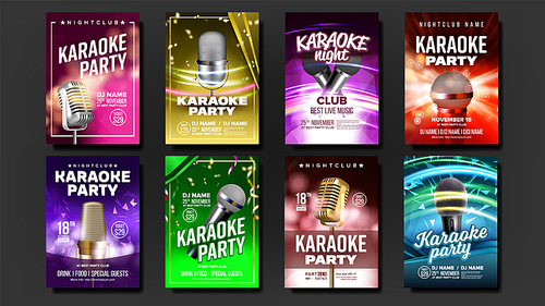 Karaoke Poster Set Vector. Colorful Instrument. Technology Symbol. Party Flyer. Music Night. Realistic Illustration