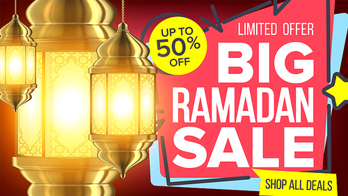 Ramadan Sale Banner Vector. Eid Background. Offer Tag. Big Super Sale. Islamic Poster. Arabic Template. Ramazan Arabian Holiday Shopping. Decoration Art. Business Message. Discount Flyer. Illustration