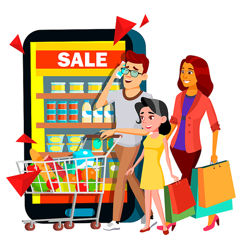 Online Shopping Vector. Mother, Father Child With Shopping Chart In Mobile Family Online Shop. Illustration
