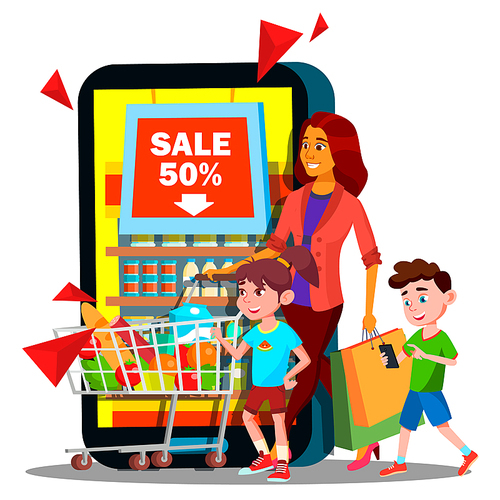 Online Shopping Vector. Mother With Children, Shopping Chart Online Shop. Illustration
