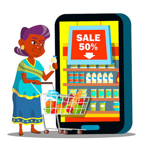 Online Shopping Vector. Old Woman Standing With Shopping Cart, Buying Food Online. Illustration