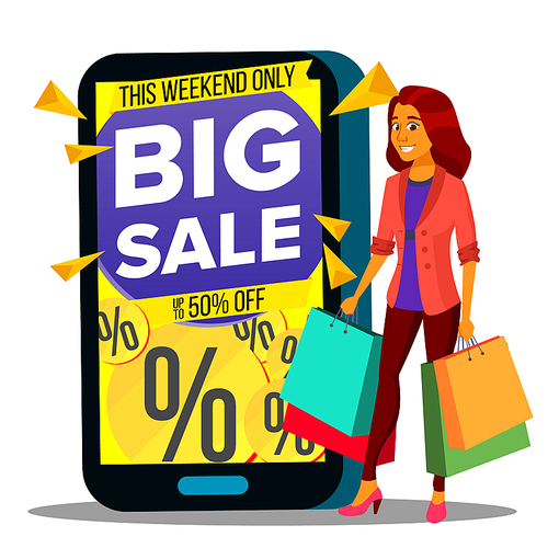 Online Shopping Vector. Modern Beautiful Woman Standing With Shopping Bag And Buying Clothes Online With Mobile. Illustration
